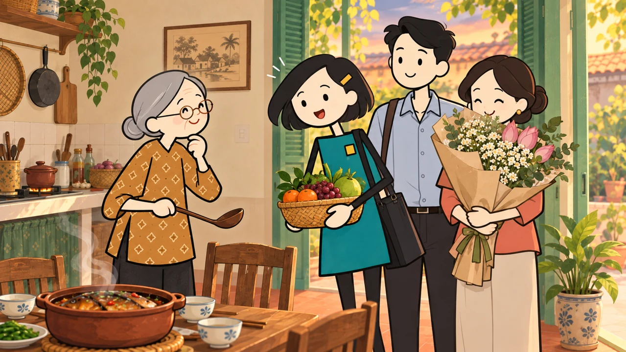 Bà Năm cầm điện thoại bên nồi cá kho, Mi và người thân ngạc nhiên trước cửa; tranh minh họa hư cấu