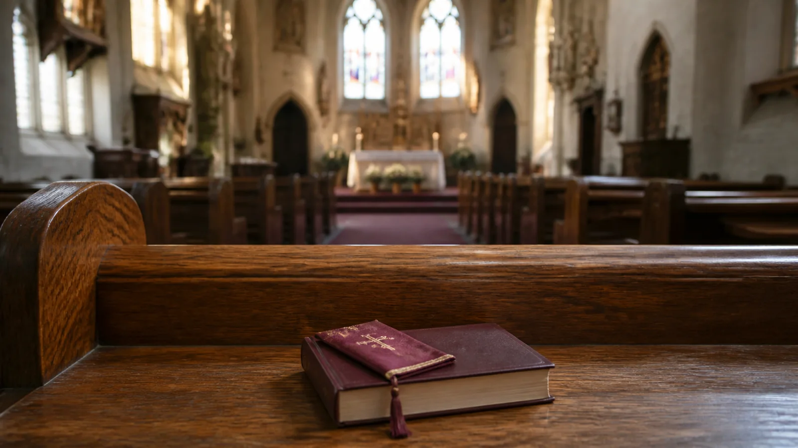 Um missal e um livro de oração sobre um banco antes da Missa dominical