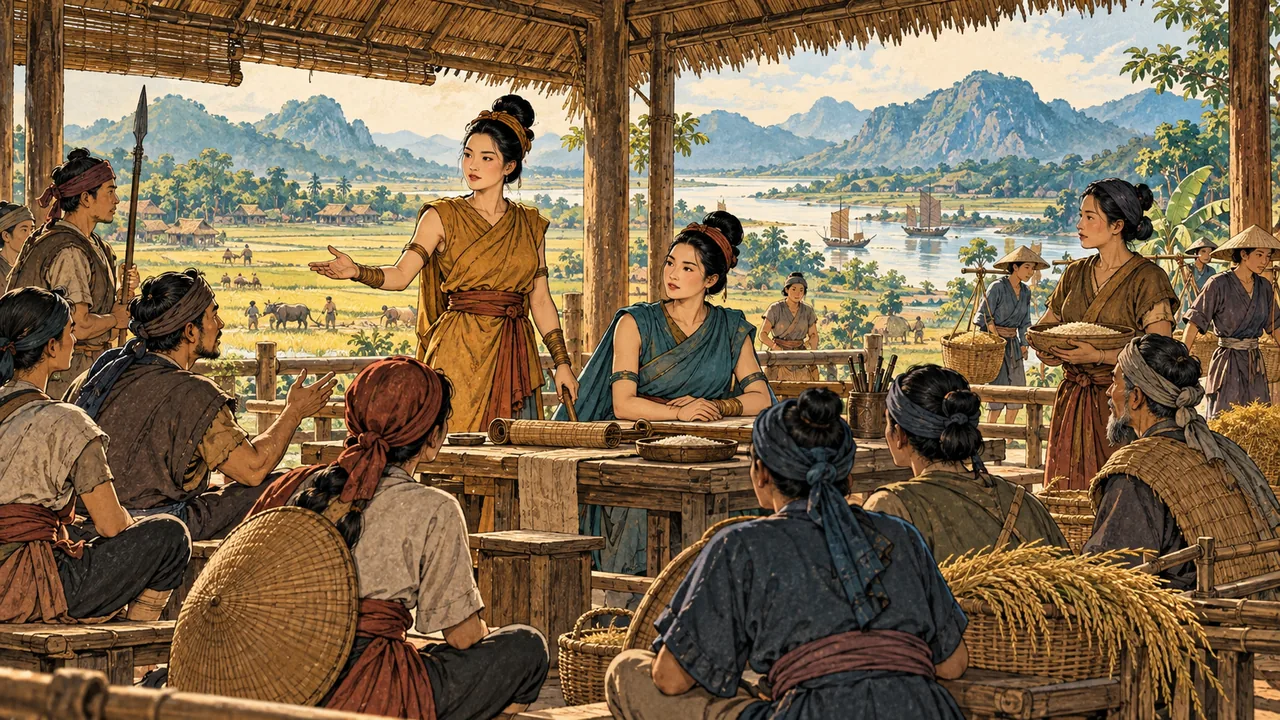 Minh họa tái dựng Hai Bà Trưng cùng cộng đồng bàn việc; diện mạo và bối cảnh không phải bằng chứng hình ảnh của năm 40