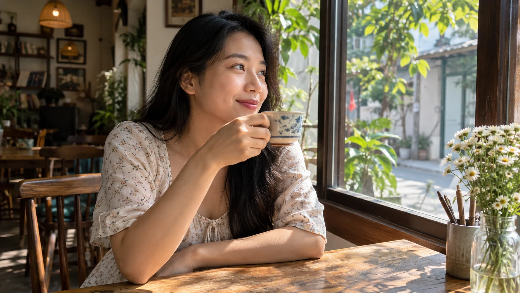 Một người phụ nữ trưởng thành ở quán cà phê